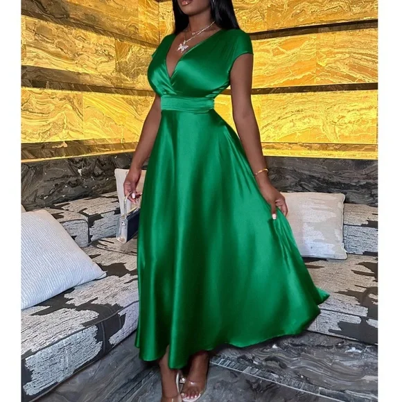 Luxe Satin Plunging Neck party Holiday Midi Dress - Picture 1 of 6